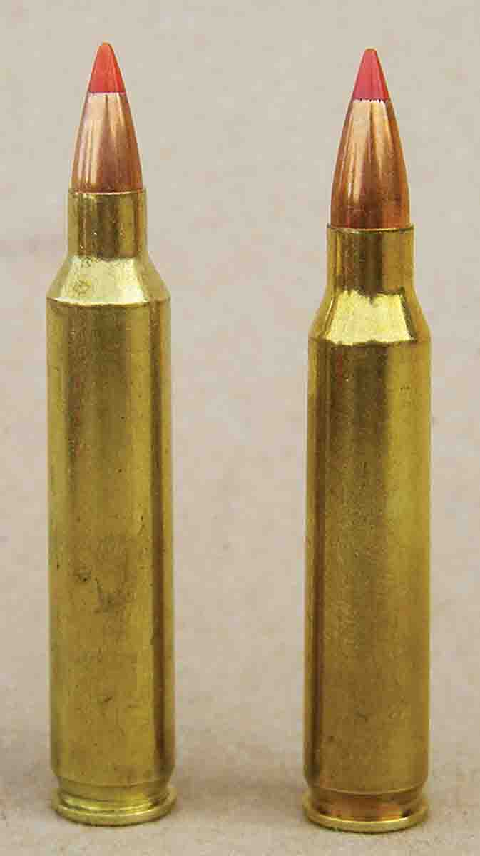 The .204 Ruger (left) shares a similar overall cartridge length as the .223 Remington (right), but features a greater powder capacity and notably higher velocity.